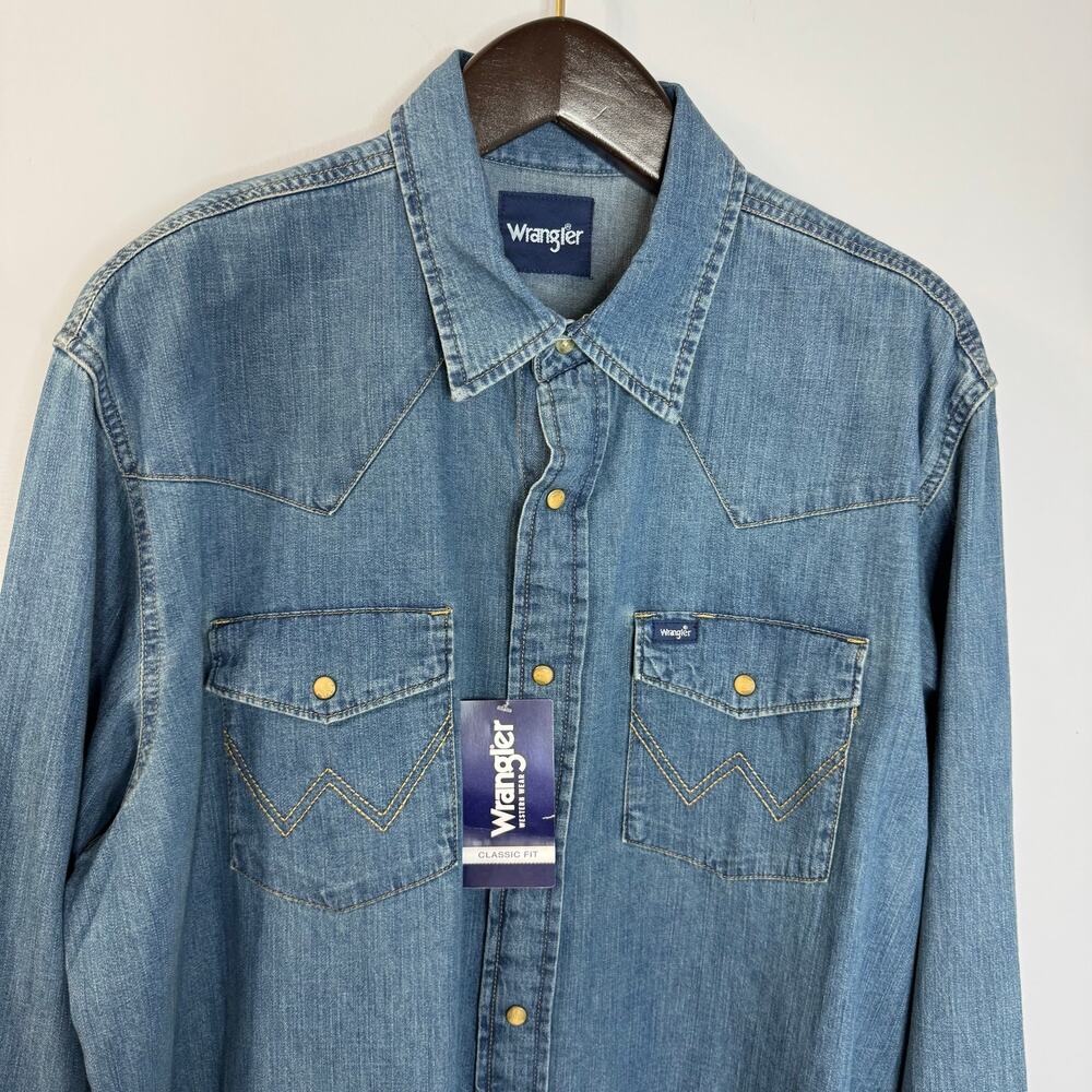 Wrangler Men's Classic Denim Western Snap Denim Shirt Mid Wash Rodeo Rancho XL - Picture 3 of 14